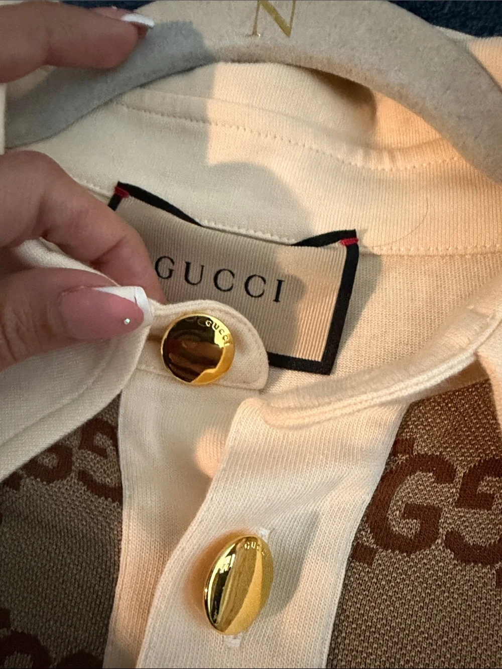 Gucci Brown GG Monogram Polo with White Collar & Sleeves